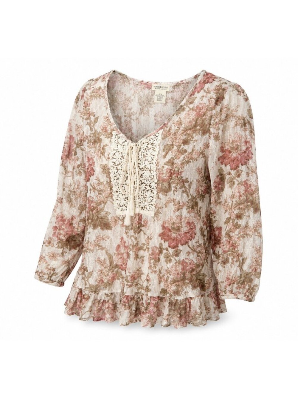Denim & Supply Ralph Lauren Womens M Sheer Floral Boho Blouse 3/4 Sleeve Pink